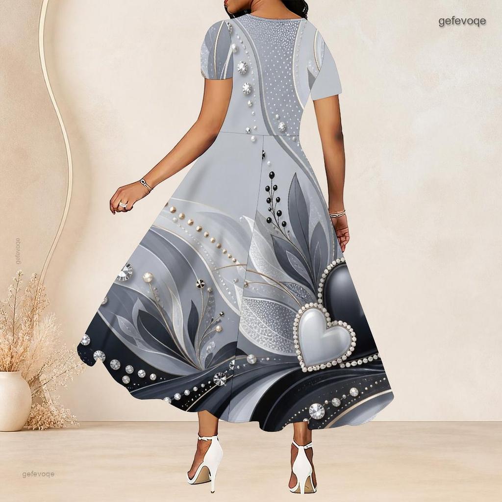 Women Plus Size Round Neck Short Sleeve Rhinestone Printed A Line Long Dress