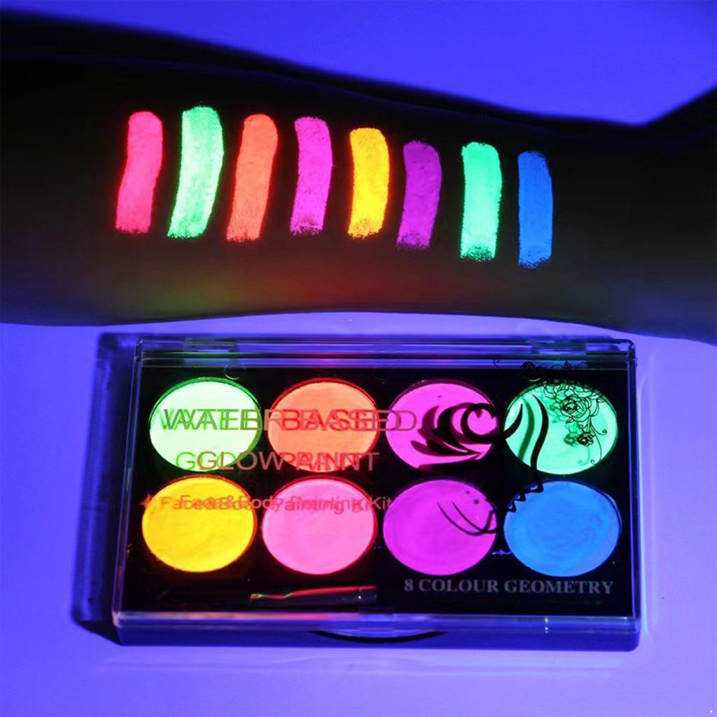 8 Color Neon Face Paint Set UV Reactive Glow In The Dark Water Based Body Paint Palette for Halloween Costume Rave Festival Washable Safe