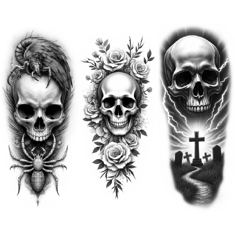 

3pcs Temporary Tattoo Waterproof Long-lasting Body Stickers Anchored Pier Graveyard Skull Spider Skull For Women Adults Men