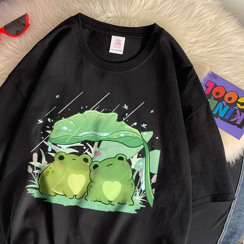 

Fashion Cotton Womens TShirts Two Frogs Sheltering From The Rain Printing Short Sleeve Soft Loose ONeck Street Female Clothes 3XL