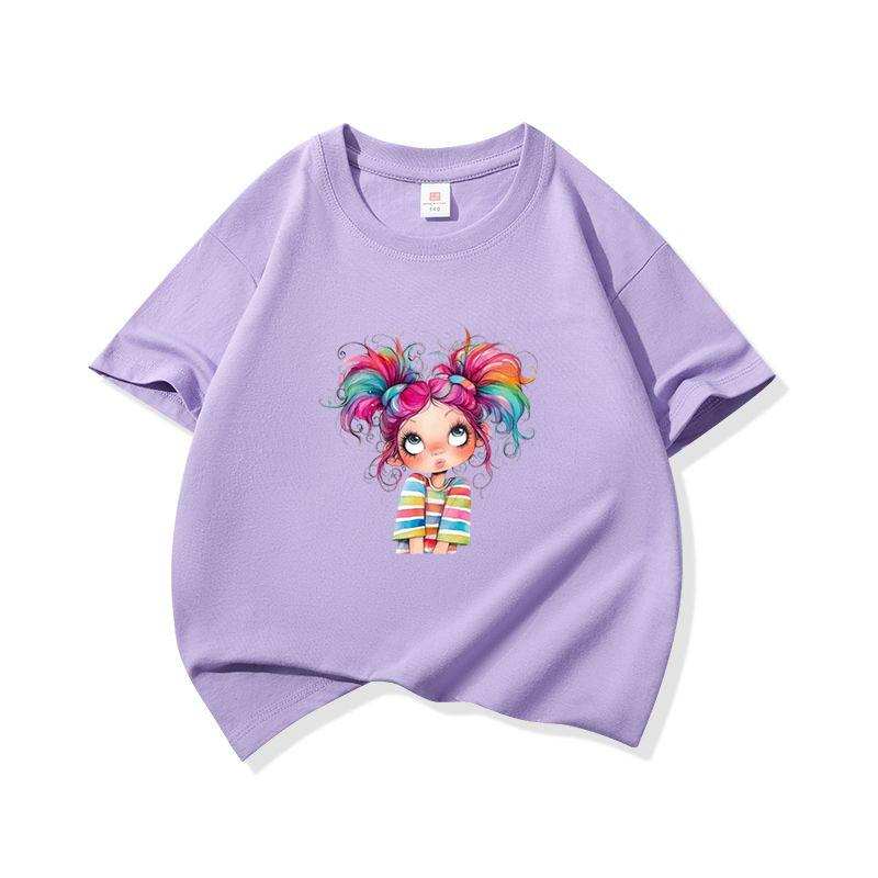 Kids Cotton T Shirt Colorful Rainbow Hair Girl Print Crew Neck Short Sleeve Tee Casual Boys Girls Summer Tops