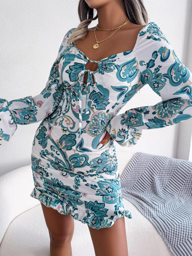 Women's New High Waisted Sexy Dress In Autumn  Long Sleeved Short Skirts  Printing Temperament Bag Hip Dress