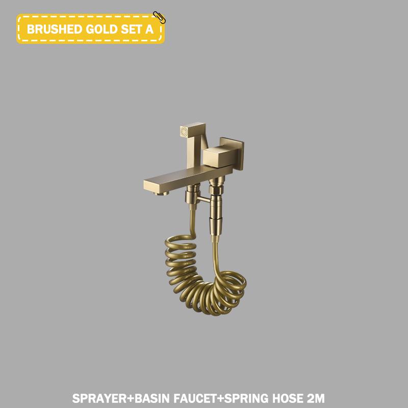 Waschbeckenarmatur aus gebürstetem Gold, Waschbeckenarmatur, Wandmontage, Einhebelmischer aus Messing für heiße und kalte Badewannen mit Handbrause