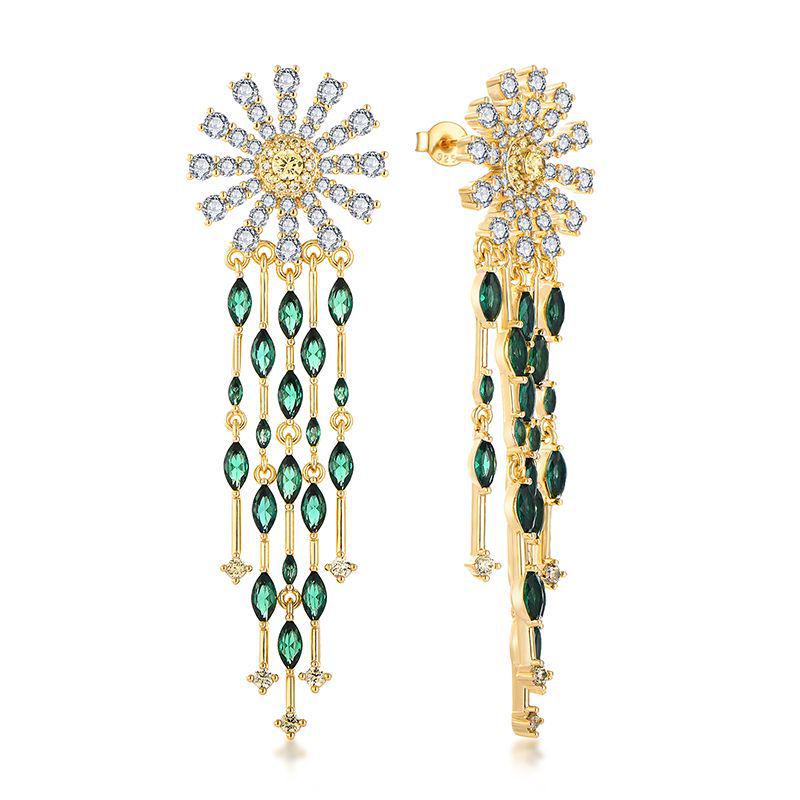 Sunflower Zircon Tassel Stud Earrings - Daisy Petal Dangle Ornaments for Women