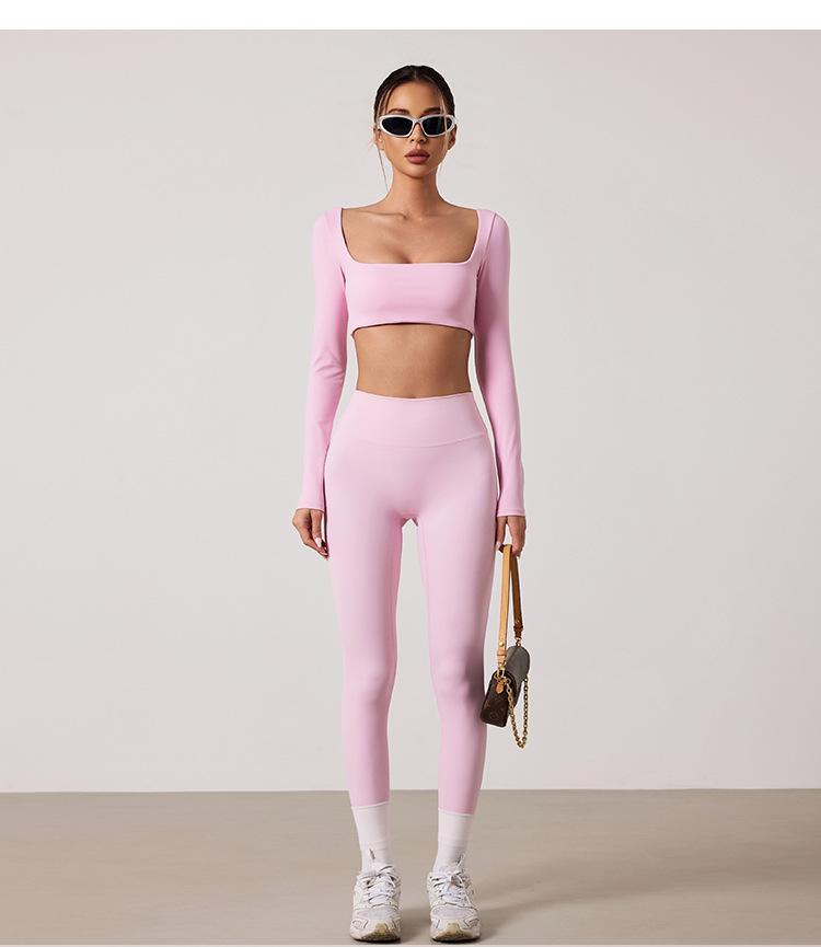 European & American Dance Yoga Wear: Sexy Square Neck Long Sleeve Top & High Waist Hip-Lifting Pants Set