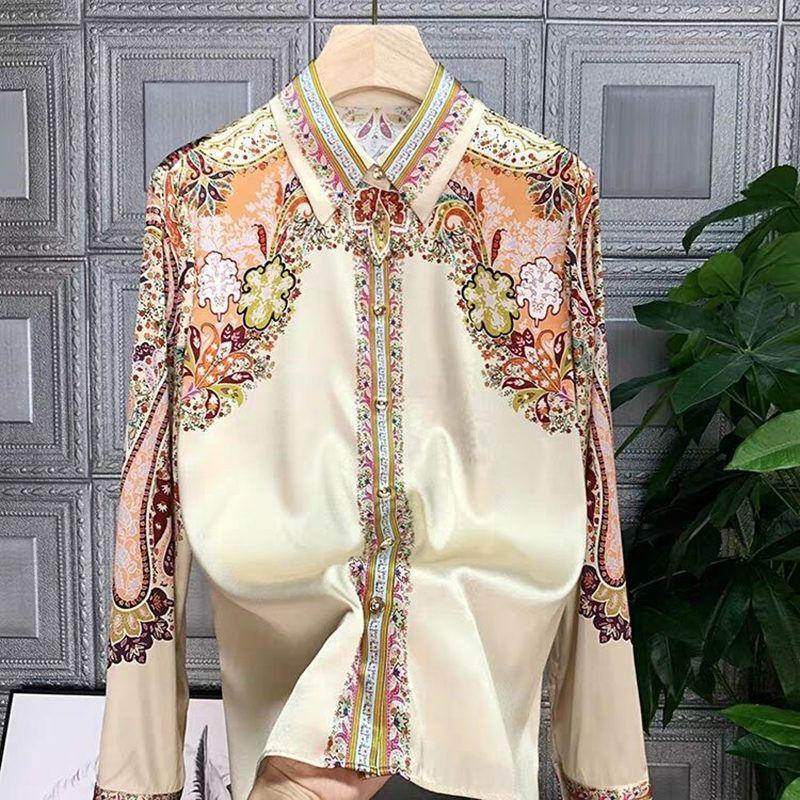 Women's Luxury Vintage Paisley Print Blouse Elegant Satin Long Sleeve Button Down Shirt Casual Chic Top