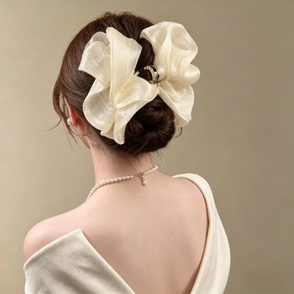 Wrinkled Edge Big Flower Hair Claw Clip Shiny Satin Fabric Hair Grips Large Bow Hair Clips Women