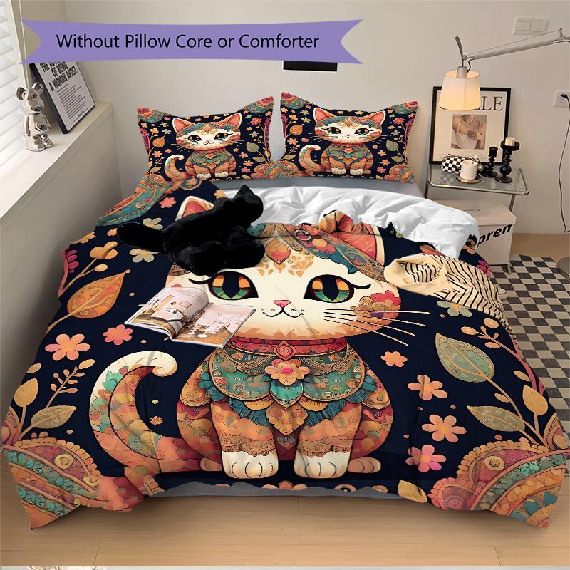 3pcs Ancient Cat Art Printed Bedding Set, Soft and Comfortable Quilt Cover for Bedroom, Guest Room (1 Duvet Cover + 2 Pillowcases, Pillow Co