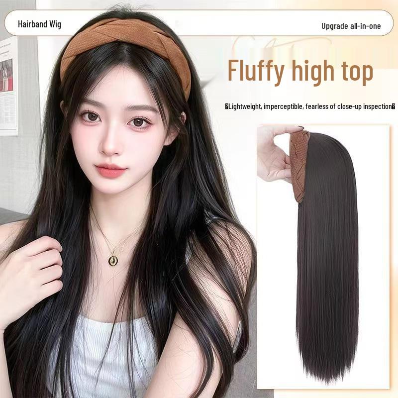 Women's Black Long Straight Headband Wig with Natural Volume, Korean Style.