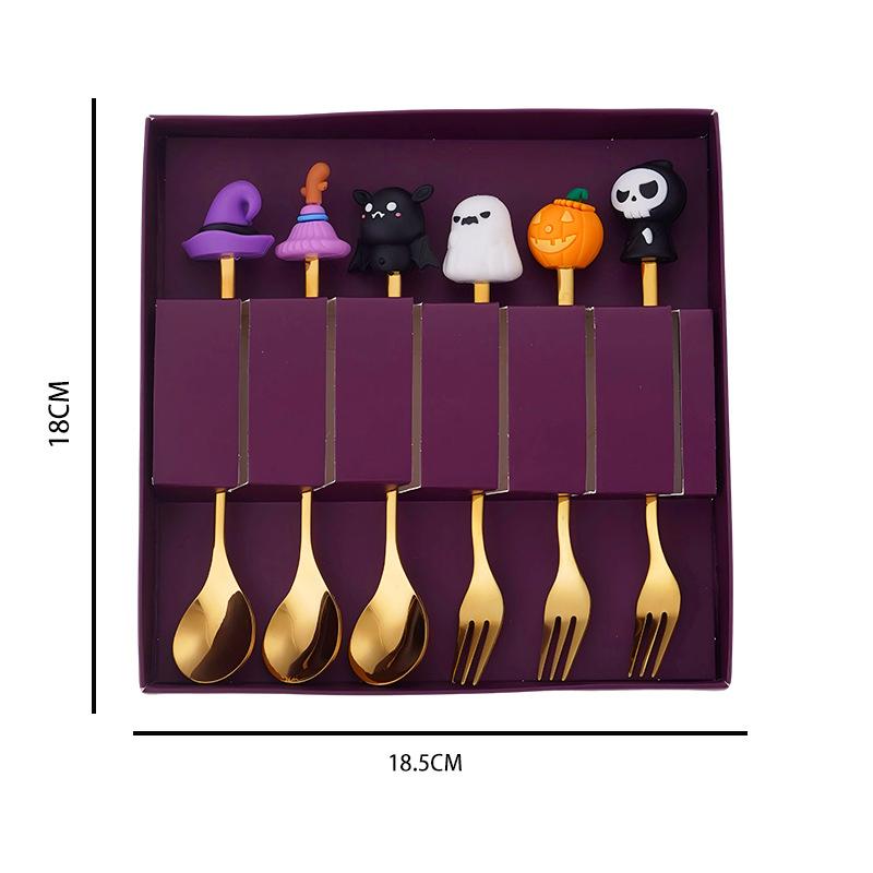 6PCS Stainless Steel Halloween Utensil Gift Set Cartoon Halloween Themed Dessert Spoon and Fork Collection for Parties
