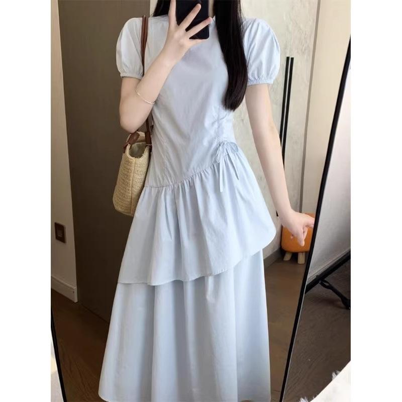 Gentle wind blue bubble sleeve dress women s summer new drawstring waist medium and long cake dress S