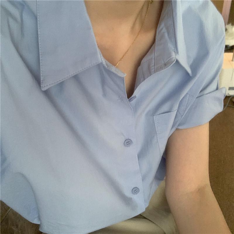 Cămașă de damă coreeană albastră lăptoasă, cu mânecă scurtă, largă, cu guler și design cu buzunar