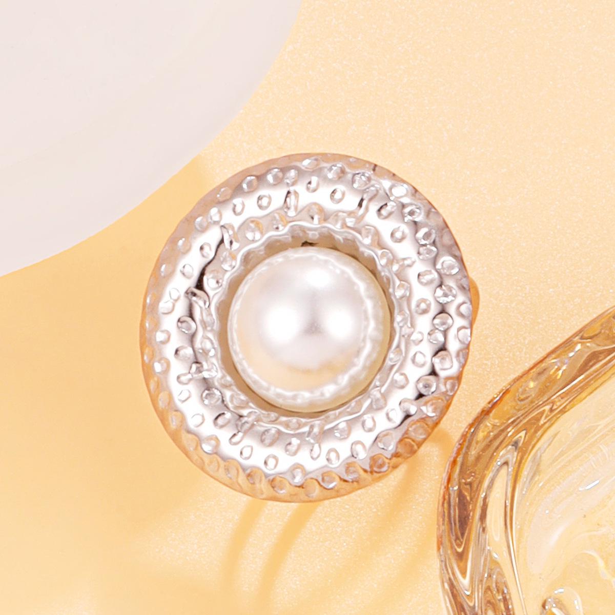 European Retro Geometric 18K Gold Open Ring with Tiger Eye, Pearl & Stainless Steel
