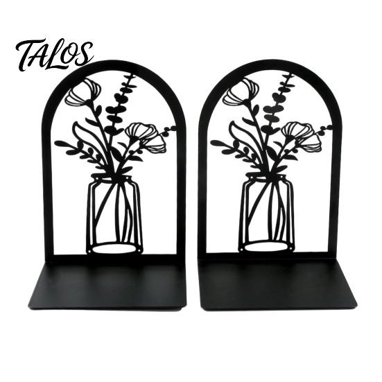 Office Desk Organizer 1 Pair Flower Metal Bookends, Decorative Vase Book Ends for Artistic Bookend Shelves, Black Holder Stopper Home Reading