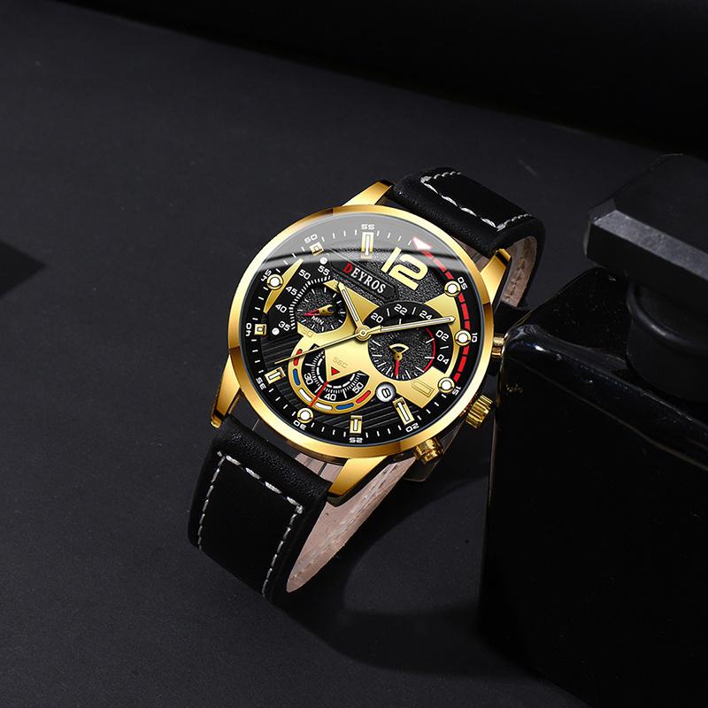 3PCS Set Men  Luxry Classic Watches Leather Watch Band Round Wrist Watch for Male Wristwatch Bracelet Necklace Man Gift