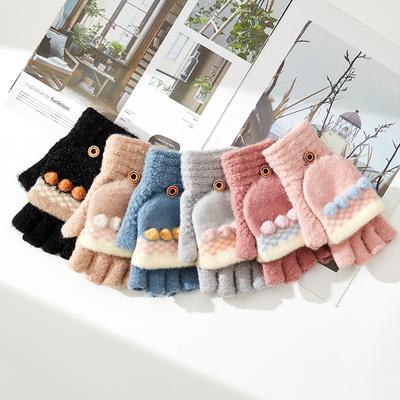 New Winter Knitted Warm Gloves for Women with Flip-up Half-finger, Half-exposed Work Jelly Bean Cute Split-finger Wool