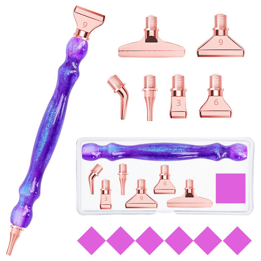 Purple 5D DIY Diamond Pen Set Resin Diamond Painting Tool Point Drill Pen with Thread Multifunctional 6 Metal Pen Heads and Clay