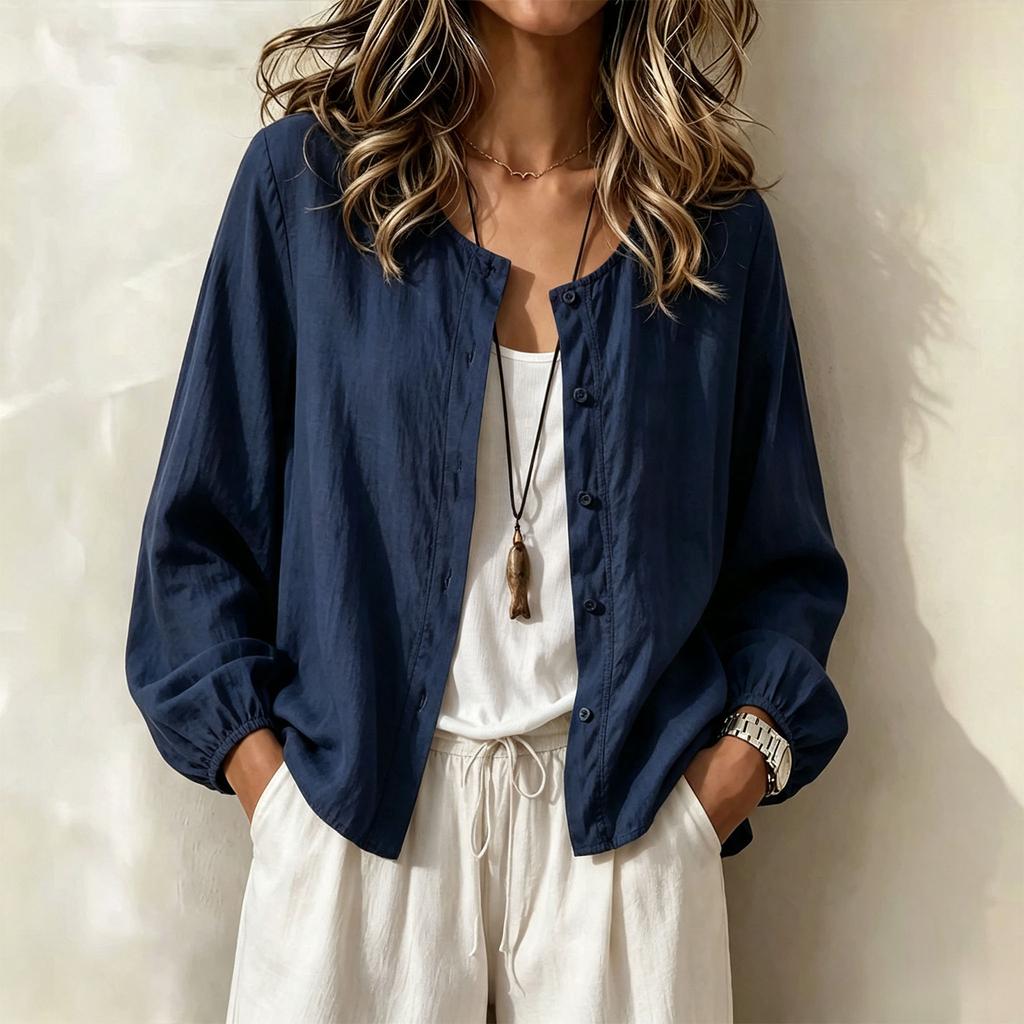 Damen Boho Baumwoll-Leinen-Bluse mit Spitzenbesatz für den Urlaub