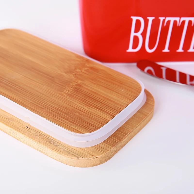 Wooden Cover Ceramic Butter Box with Spatula Knife Sealed Fresh Butter Box Multicolor Rectangular Sealed Kitchen Storage Box