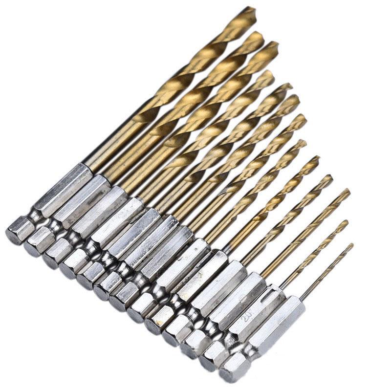 13-Piece Titanium-Coated High-Speed Steel Twist Drill Bit Set, Hex Shank, 1.5-6.5mm for Sheet Metal