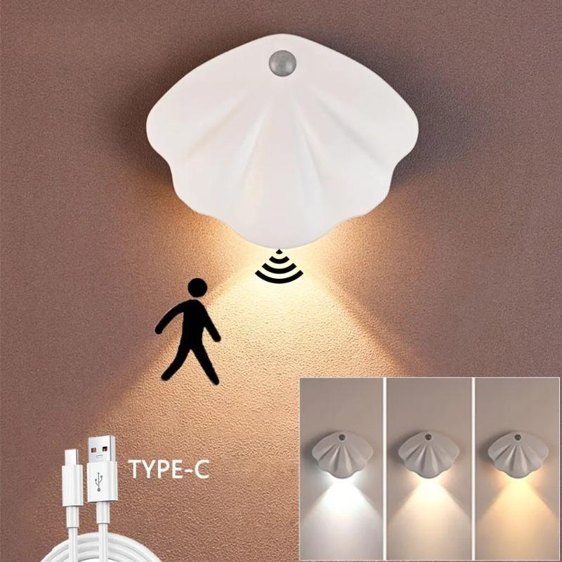 LED Shells Night Light Motion Sensor Light USB Type-C Tricolor Room Decoration Lamp for Corridor Staircase Led Lamp Sensor Light