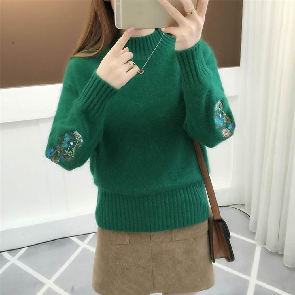Women's Fall/Winter Korean-Style Versatile Half-Turtleneck Long-Sleeve Knit Sweater—Fitted Embroidered Sweater