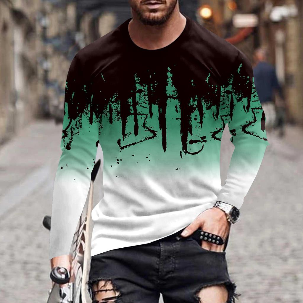Men's Spring Ink Print Long Sleeve T-Shirt Men's Loose Casual Fashion Long Sleeve T-Shirt