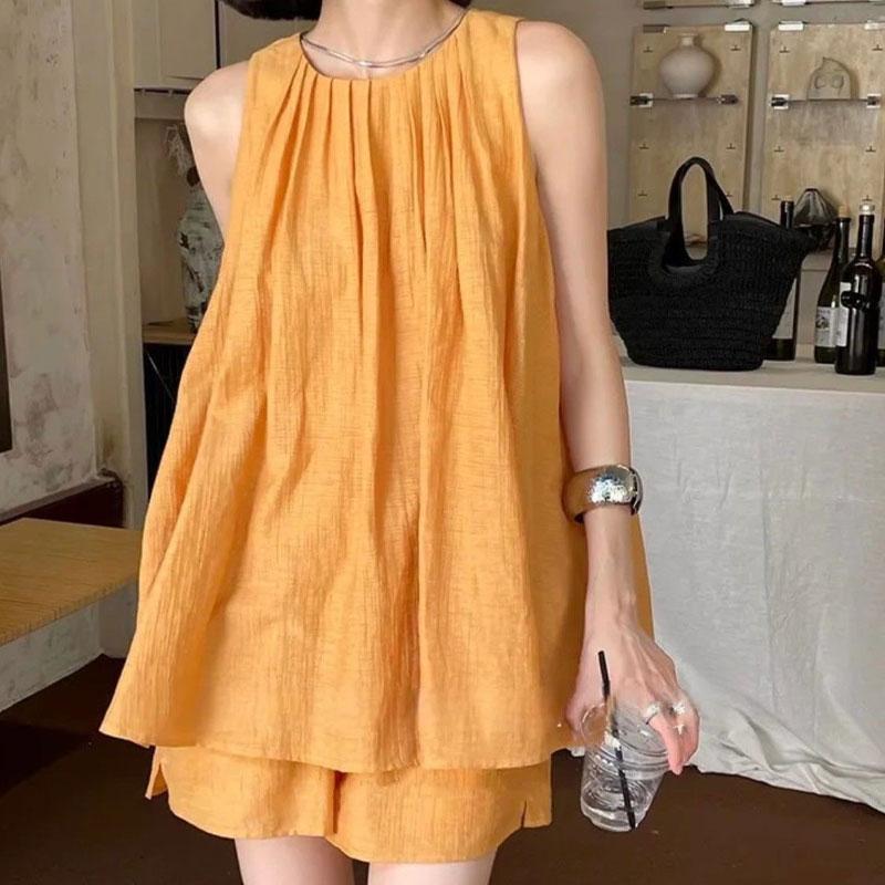 Sommer Stilvolle Falten Passende Sets Ärmellos Locker O-Ausschnitt Zweiteiliges Set Basic Einfarbig Lässige Shorts Sets