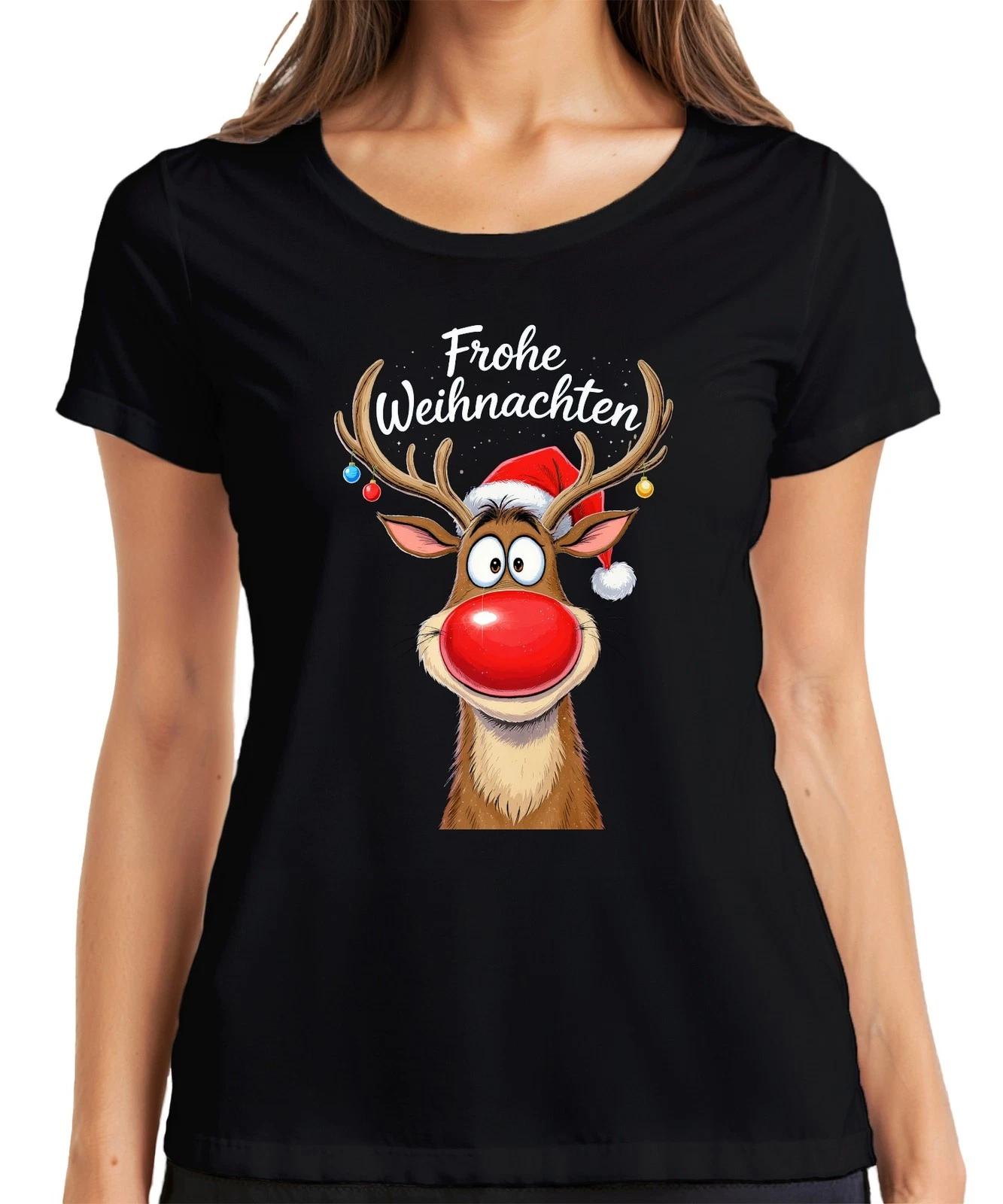 Frohe Weihnachten Rentier Rudolph rote Nase Weihnachtsmütze süß Damen T-Shirt XXL