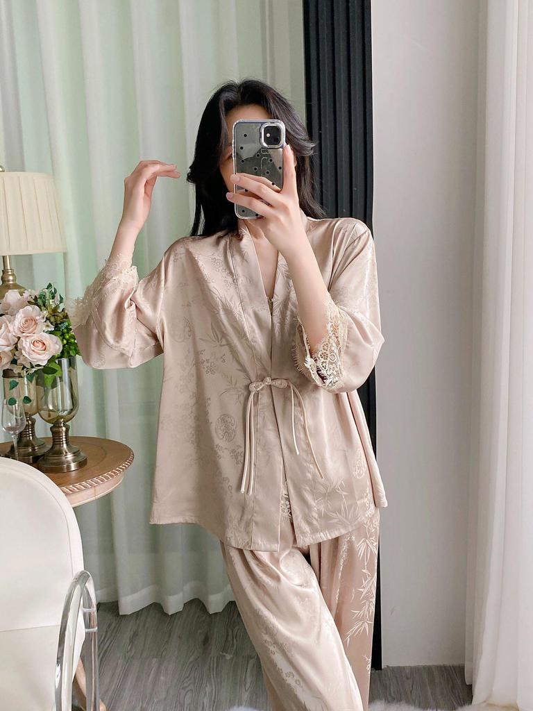 Women's Summer Ice Silk Camisole & Long Pants 3-Piece Set with Chest Pads - Light Luxury Homewear