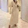 Knitted, Dress, Casual, Waist Cinching, V-neck, Striped, Knitted Long Skirt, Women's