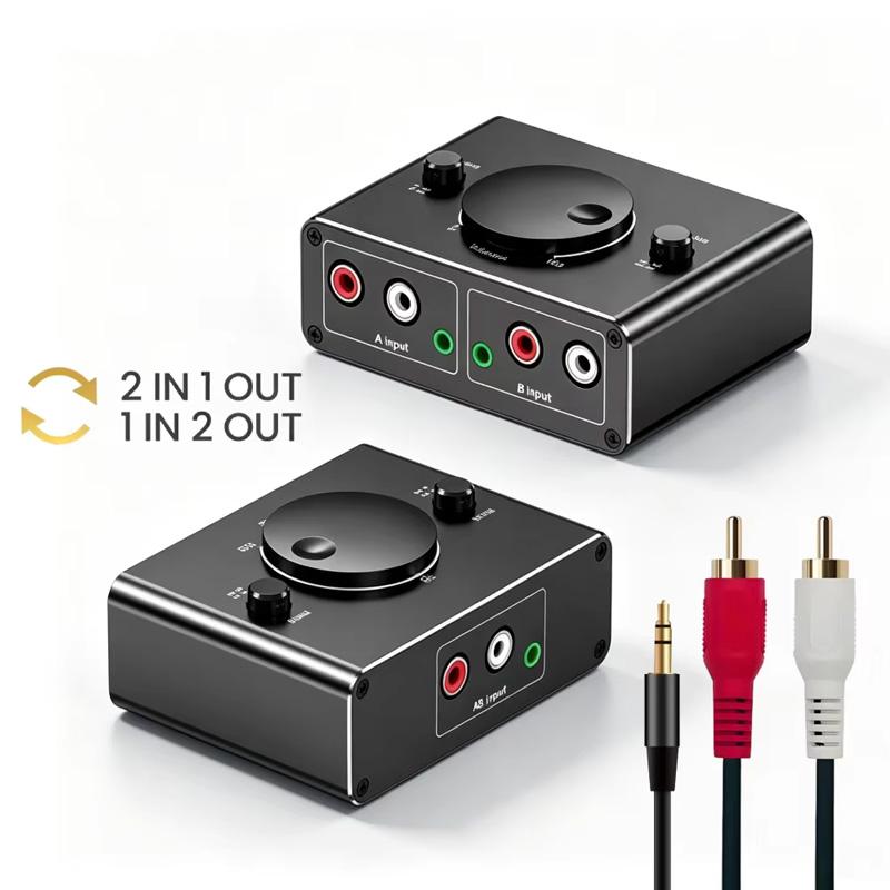 2 Way 3.5mm RCA Stereo Audio Switcher 2 in 1 Out/1 in 2 Out RCA Stereo Audio Switch with Mute Button Bi-Directional Audio Splitter