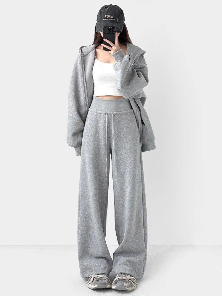 Women's High-Waisted Wide-Leg Fleece-Lined Sweatpants: Autumn/Spring Slimming, Loose, Casual American Style with Drawstring.