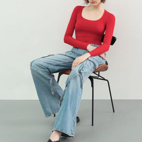 Γυναικεία Μπλούζες Βάσης Στρογγυλή Λαιμόκοψη Μακρυμάνικες Εφαρμοστή Γραμμή Πουλόβερ Μπλούζες Μονόχρωμες Υψηλής Ελαστικότητας Κανονική Εφαρμογή Ευέλικτη Μπλούζα