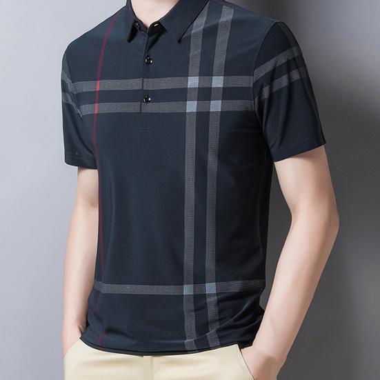 Herren Pullover Streifen Knitterfrei Eis Seide Kurzarm Slim Fit Hemd für Business