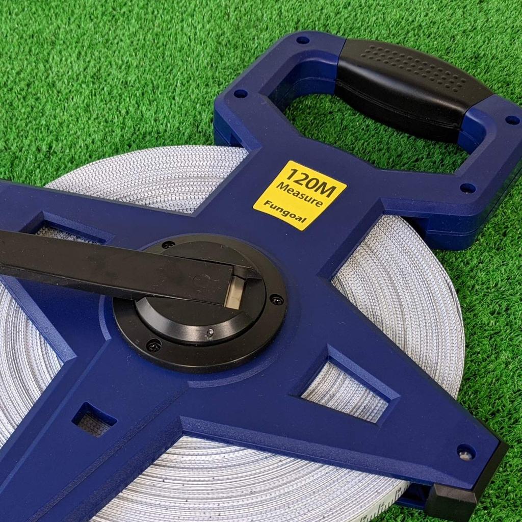 Fungoal Bandmaß verstärkt zentimeterbreit Sportbaumaß, 120m, Fiberglas, doppelseitige Skala, Anzeige, langlebig, Griff, Rolle, Fußball,