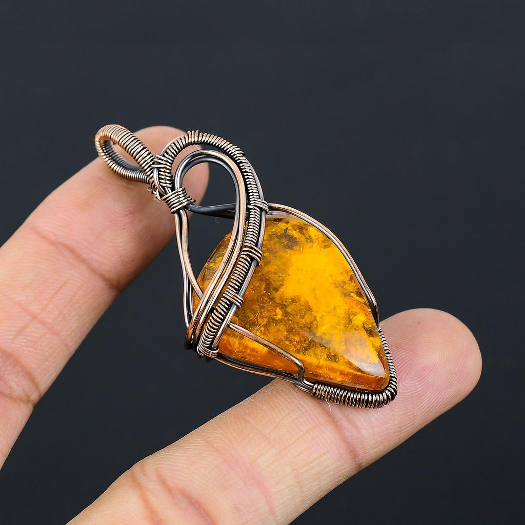 Natural Baltic Amber Gemstone Handmade Copper Wire Wrap Pendant 2.44" u4N72