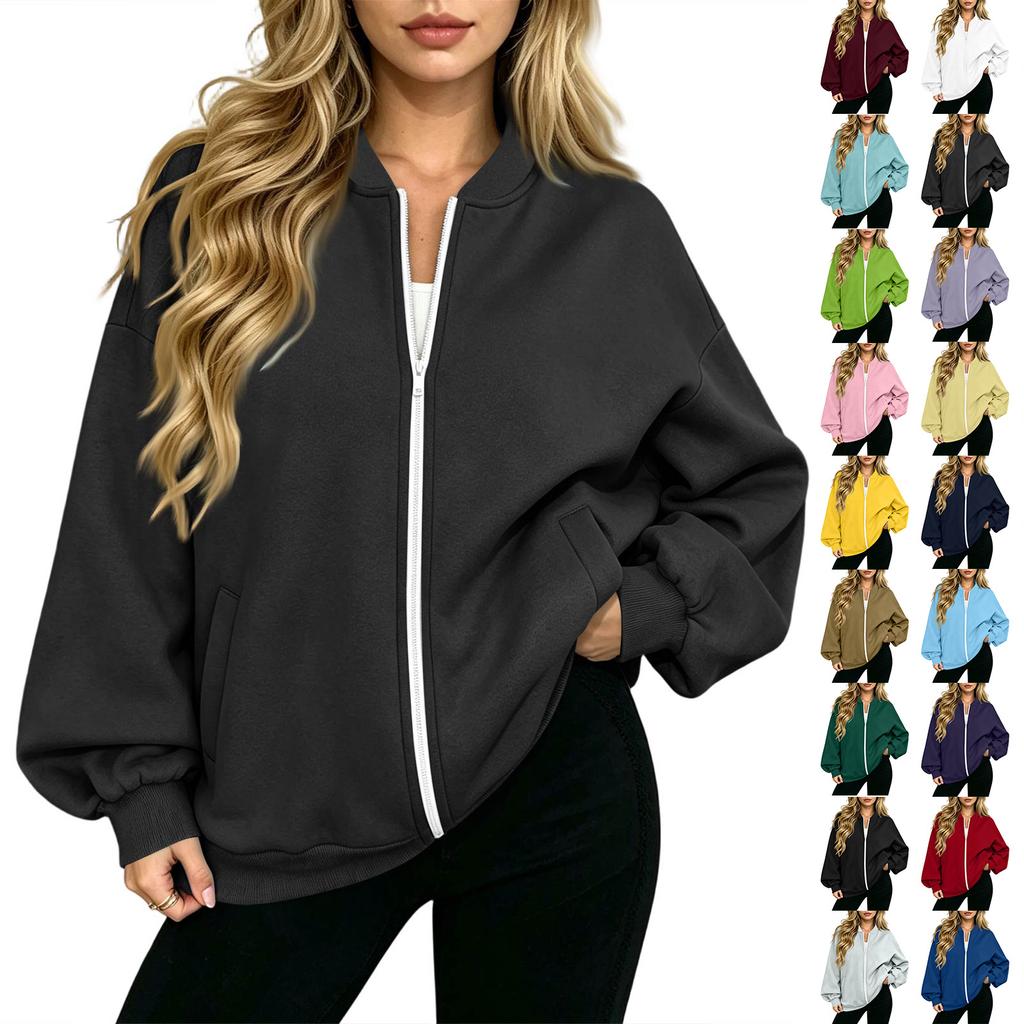Women's Long Sleeve V-Neck Zip-Up Jacket, Casual Color Loose Fit Outerwear
