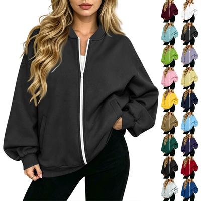 Women's Long Sleeve V-Neck Zip-Up Jacket, Casual Color Loose Fit Outerwear