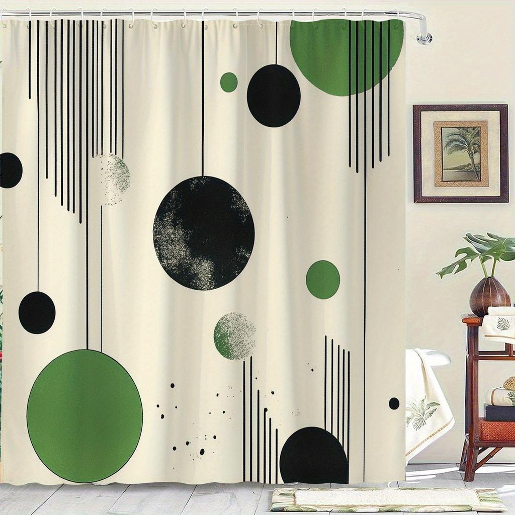 1 Modern Geometric Shower Curtain with Hooks - Polyester Fabric, Black, Green and White Abstract Circle Design, Machine Washable