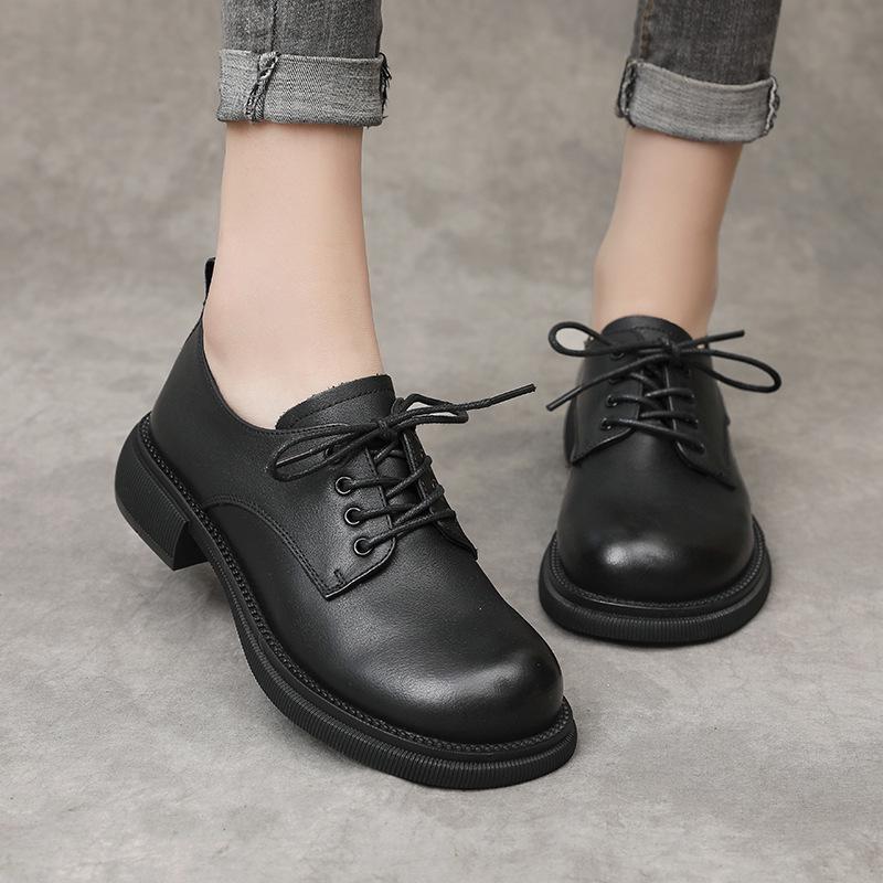2023 Autumn Women's Genuine Leather Round Toe Lace-Up Flats with Soft Sole and Low Heel