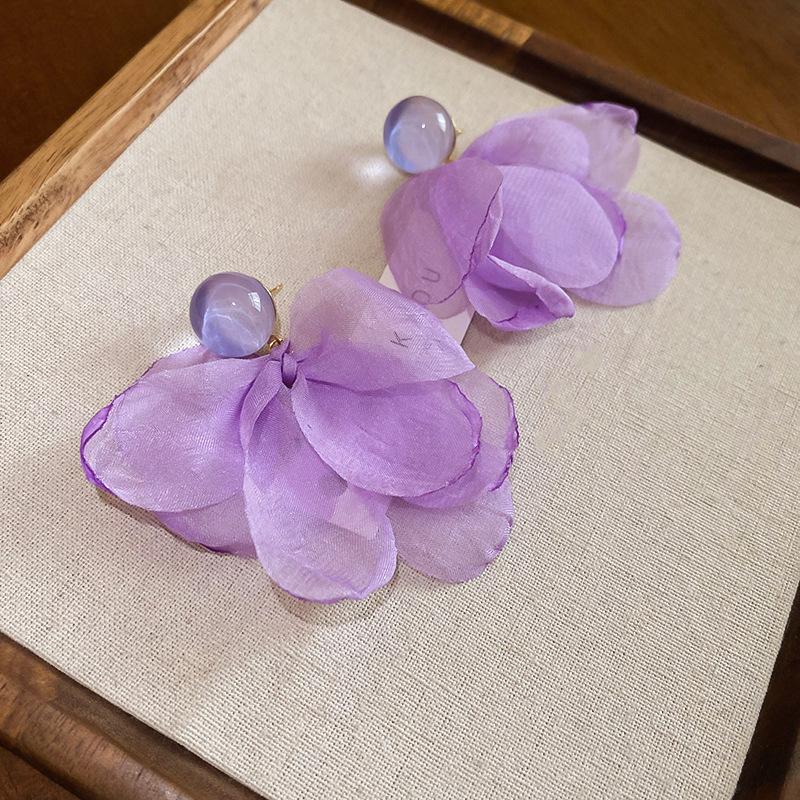 Silver Needle Fabric Flower Glass Fringed Earrings Medium Antique Temperament Stud Earrings Design Sense Niche Earrings