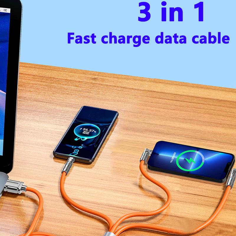 3 In 1 Elbow Fast Charge Cord 120W Micro USB Type-C Multiple USB Phone Cables Liquid Silicone For Xiaomi 13 Samsung IPhone 14 13
