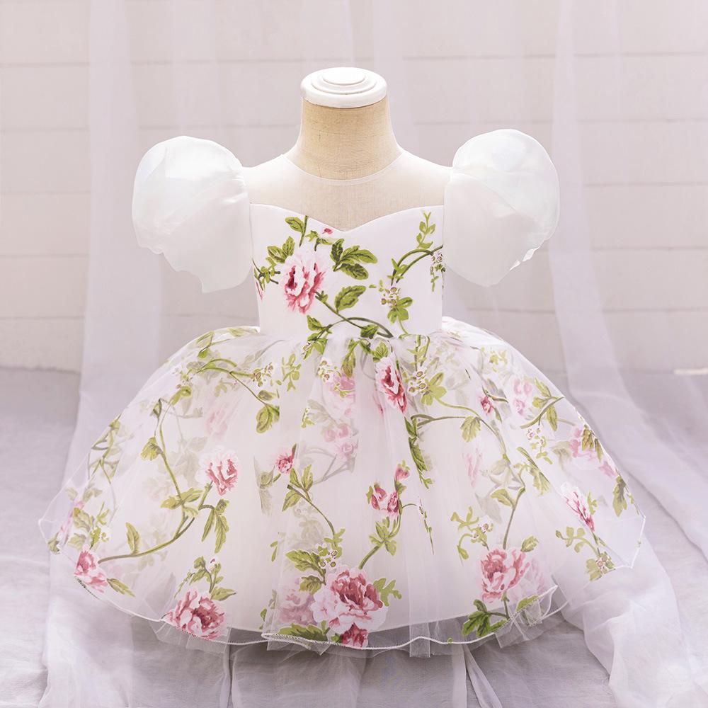 One-Year-Old Baby Girl Princess Birthday Mesh Dress with Flowers & Hair Accessories