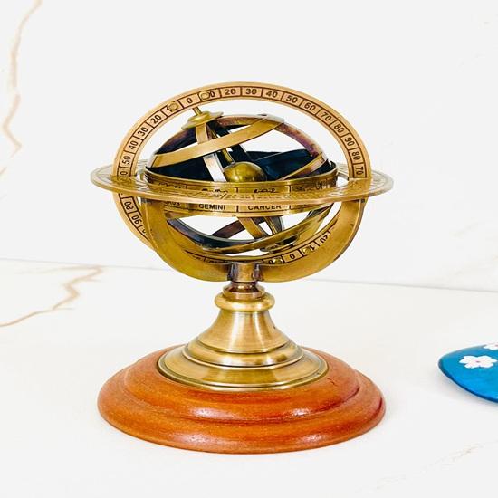 

15.24 cm Brass Armillary Sphere Globe on Wooden Base Nautical Desk Decor Study Room, Home, Office