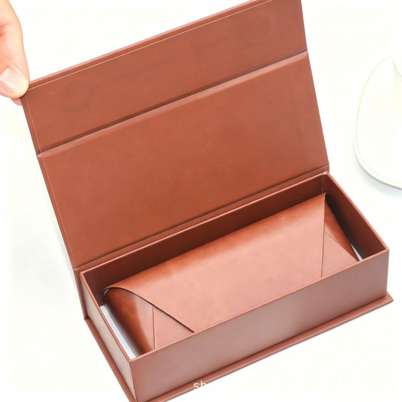 Premium Leather Eyeglass Case With Magnetic Portable Sunglasses Holder Flip Cover Brown TZ01
