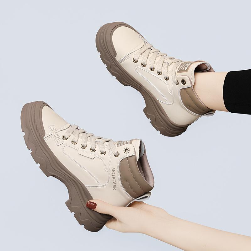 Leather Single Casual Martin Boots Short Boots Autumn and Winter Velvet Year-round Versatile Tooling Boots High-top Women's Shoes Versatile