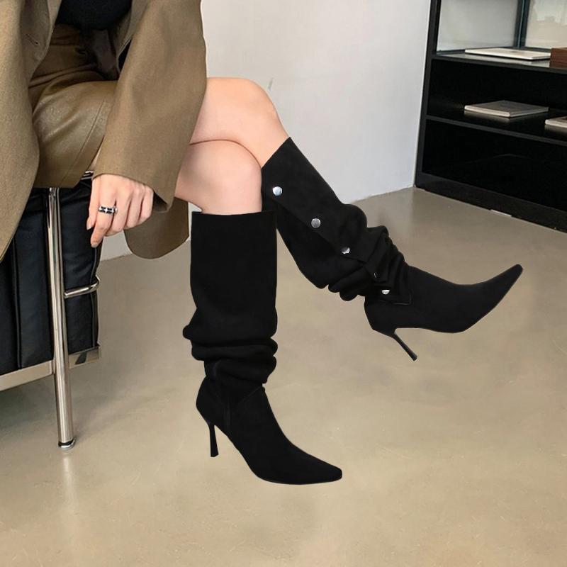 Suede Stack Boots Fall Winter 2026 French Pointed Toe Stiletto Heel High Heel Over The Knee Boots for Women