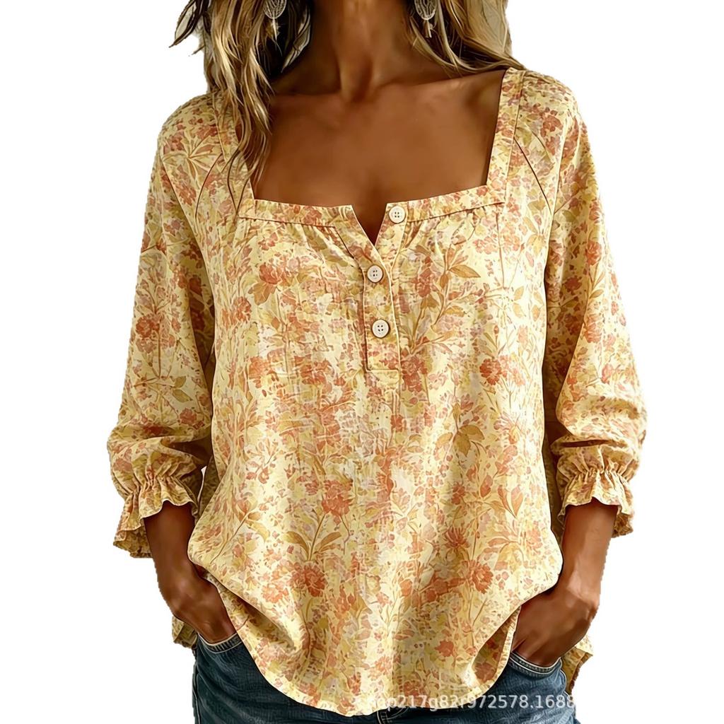 New Xiyin Summer T-Shirt Women's Printed Square Neck Button Bubble Sleeve Women's Top Women's
