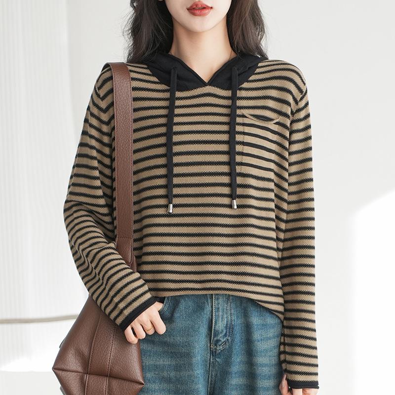 

2025 Spring Pure Cotton Hooded Knitwear Pullover with Pockets and Color Block Stripes. XL хаки